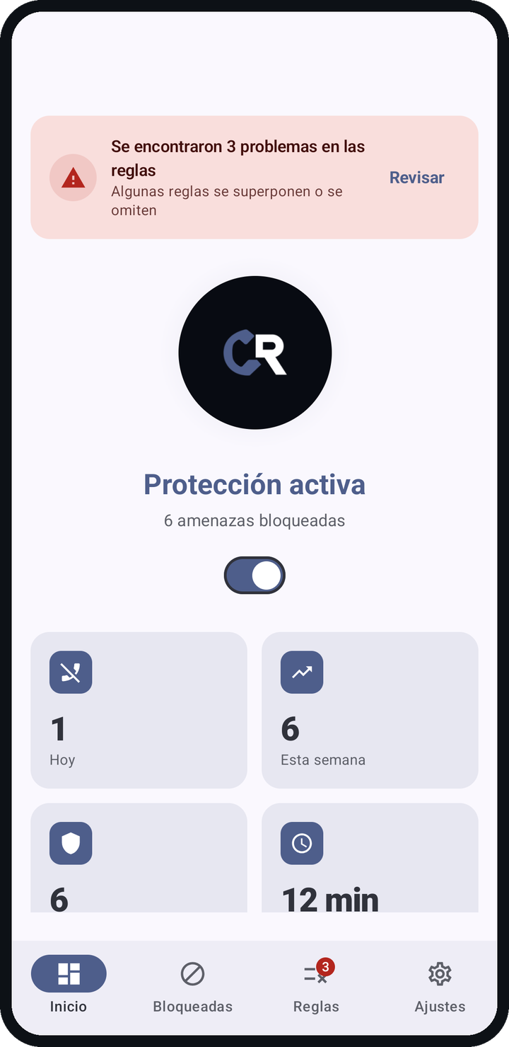 La pantalla Inicio con Protección activa, el número de llamadas bloqueadas y una tarjeta que avisa de problemas en las reglas