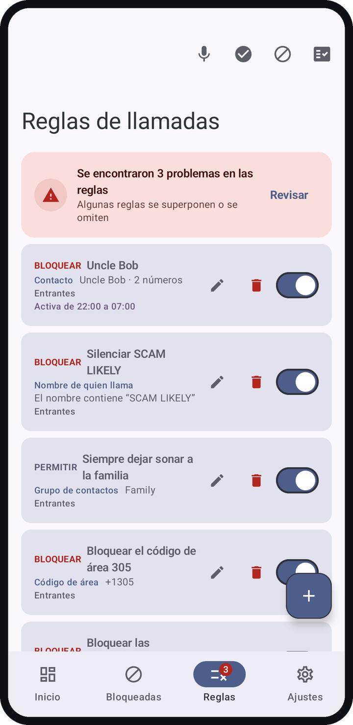 La pestaña Reglas con una tarjeta de problemas en las reglas sobre reglas de contacto, de nombre de quien llama, de grupo de contactos, de código de área y de país