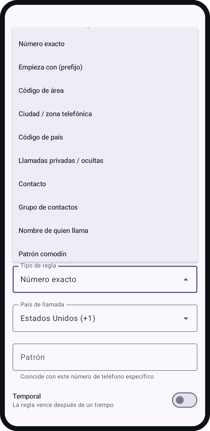 La pantalla Agregar regla con el menú de tipos abierto, que ofrece Contacto, Grupo de contactos y Nombre de quien llama, entre otros