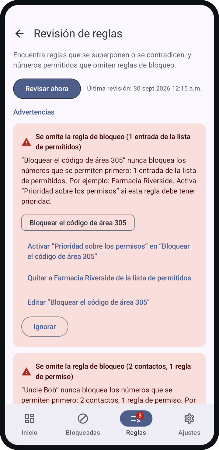 La revisión de reglas avisa que se omite la regla Bloquear el código de área 305 porque una farmacia está en la lista de permitidos, con correcciones de un toque
