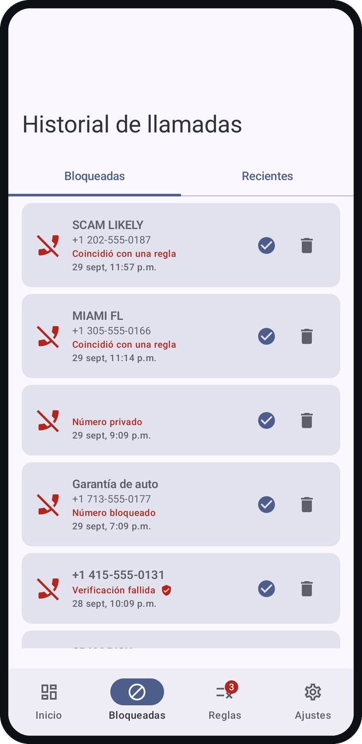 El historial de llamadas bloqueadas, con el nombre de cada llamada y el motivo del bloqueo