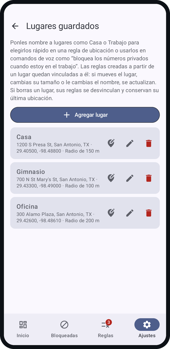 La pantalla Lugares guardados con Oficina, Casa y Gimnasio, su dirección en San Antonio, TX y su radio