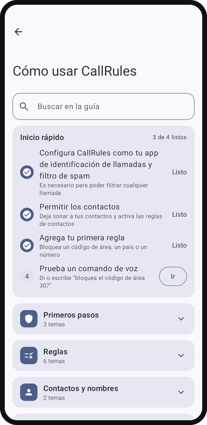 La guía Cómo usar CallRules con su cuadro de búsqueda, la lista de inicio rápido y sus secciones