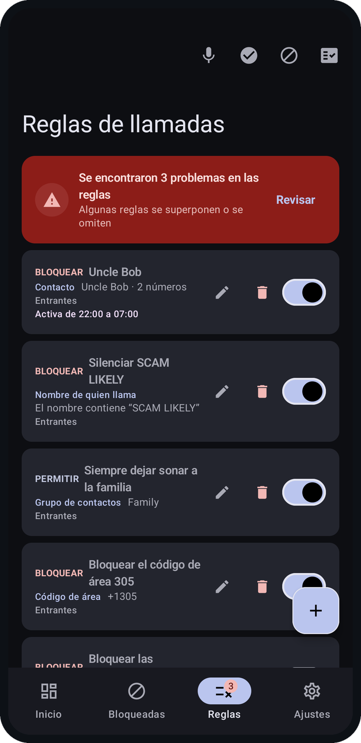 La pestaña Reglas en modo oscuro