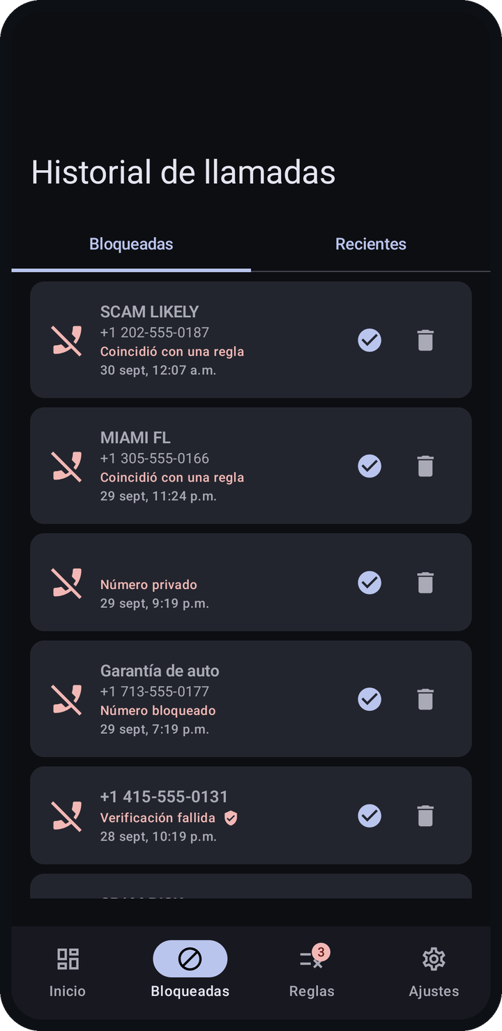 El historial de llamadas bloqueadas en modo oscuro