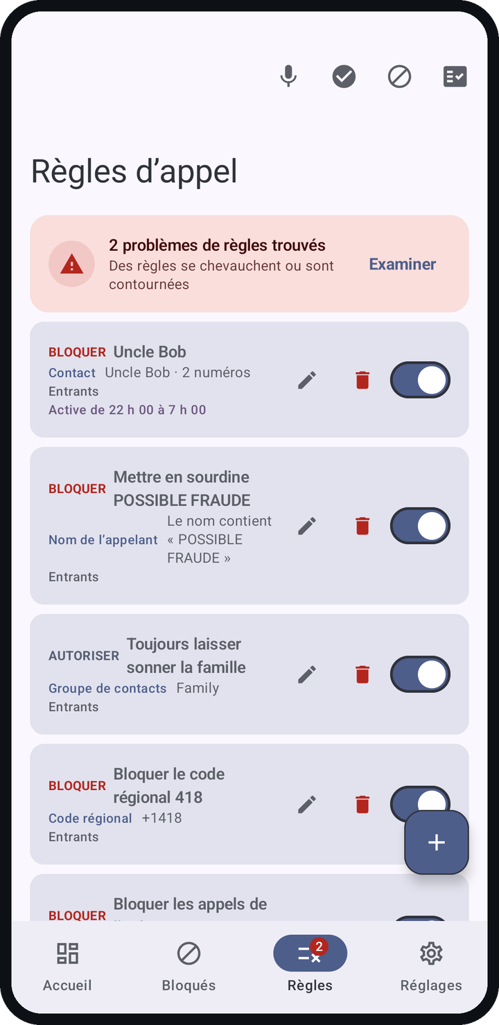 L’onglet Règles avec une carte de problèmes de règles au-dessus de règles de contact, de nom d’appelant, de groupe de contacts, de code régional et de pays